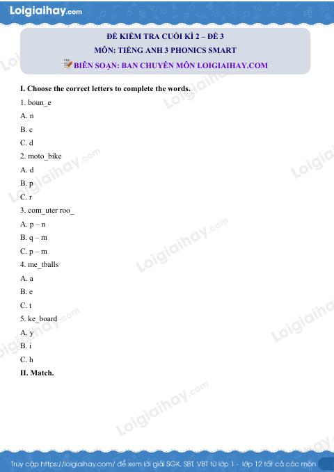 Đề thi học kì 2 Tiếng Anh 3 Phonics Smart - Đề số 3